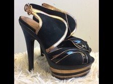 KG Kurt Geiger Black & Gold Trim Leather Strappy Open P/S Killer Heels UK 4 (37)