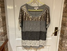 Linea Tesini Top 14/18 Shades Of GREY ecru Features Sequins,lace Gorgeous 