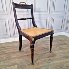 Antique Regency Ebonized Cane Painted Distressed Hallway Occasional Chair Seat