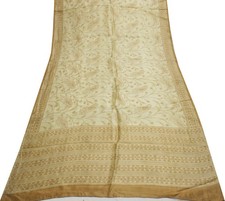 Sushila Vintage Cream Saree 100% Pure Silk Printed Paisley Soft Craft Fabric