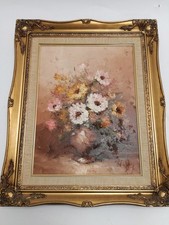 Vintage Floral Oil Painting on Canvas in Ornate Gold Frame Signed