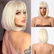 Layered Bleach blonde Bob Straight Cosplay Wigs With Bangs Synthetic Hair