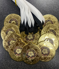 10 x Player of the Match Medals + Black & White Ribbons Gold Football Medal