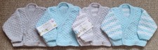 HAND KNITTED NEWBORN BABY BOY'S CROSSOVER STYLE CARDIGAN GREY/AQUA/STRIPES
