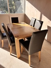 Solid Oak Dining Table & Six Real Leather Dining Chairs