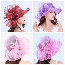 Women Derby Fascinator Hat Organza Church Wedding Hat Wide Brim  Tea Party Hat