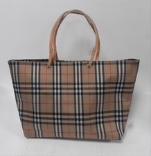 Burberry London Tote Bag Beige Check Pattern with Leather Handles 14" W 