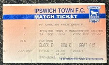 1994 Ipswich Town V Manchester United Match Ticket Stub 1994 1995 Football