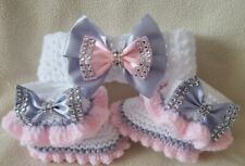 Hand knitted Romany Bling baby girls booties/shoes/Crochet headband.0-3 months