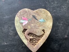 Carved Heart Shaped Soapstone Trinket Box with Mother of Pearl Inlay, 100 x 85mm