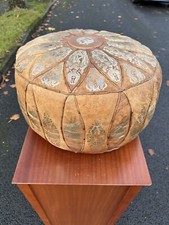 Vintage Pouffe Egyptian Tan Leather Round 47 X 29 Cm 