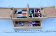 Vintage Wooden Sewing Box with pin cushions + Sewing bits~Flip out lids & Drawer