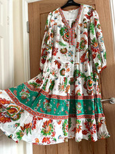 Monsoon 'Pearl' Cream Floral Print Voile Cotton Kaftan Beach Dress, Size S 12-14