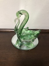 Green Glass Art Swan & Cygnet