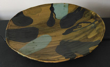 Large Oval Pottery Pedestal Dish Aqua & Earth Tones Signed JVR?, 1970 - 38.5 cm