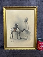 Beautiful 1994 Framed Canvas Oil Painting Arab on his Camel Desert Scene Khalid