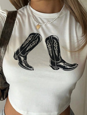  Ladies Western Cowgirl Boots Graphic White cropped Line Dancing Cowboy T-Shirt