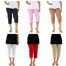 LADIES BENGALINE 3/4 THREE QUARTER TROUSERS STRETCH ELASTICATED WAIST CROP PANTS