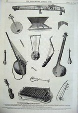 Old Antique Print 1870 Musical Instruments Kensington Museum Guitar Pipes 19th