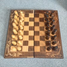 Vintage Wooden Chess Set In Folding Wooden Case Draughts & Backgammon Board