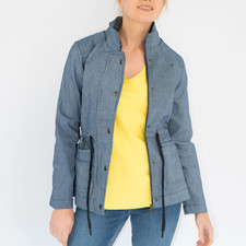 White Stuff Womens Denim Jacket Pinstripe Layla Blue Zip Up Drawstring Relaxed