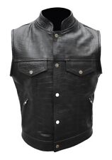 Mens Black & Brown Real Crocodile Print Leather Bikers Sleeveless Jacket