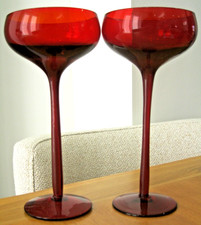 2x Ruby Red Tall Stem Champagne/Cocktail Coupe Glasses/Saucers - Handblown - VGC