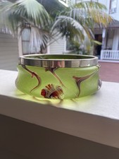 Antique Loetz Art Nouveau Creta Green Glass Bowl w/ Applied Trails & Silver Rim