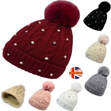 LADIES WOMENS WINTER KNITTED BEANIE SKI HAT THERMAL FAUX FUR BOBBLE POM POM UK