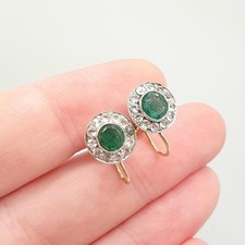 Antique 9k 9ct Gold Emerald Earrings White Sapphire Cluster Halo Solid Silver