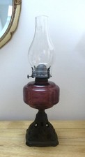 Nice Paraffin Oil Lamp Amethyst Glass Reservoir Cast Iron Base