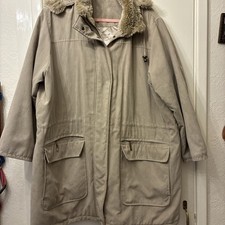 Ladies 3/4 Length Beige Hooded Parka Coat Size 20 / 22 - VGC