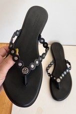 Tory Burch Benton Scalloped Thongs Sandals Black Silver Calf Leather-8-Worn 1x!