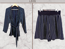Zara Women 2 Piece Kimono Pyjamas Set Striped Navy Blue Top(S) Short(M) ref523