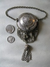 Antique Chatelaine Victorian Silver Round Frame Chain Mail Mesh Coin Purse