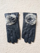 Womens Real Leather Gloves Faux Fur Cuff Navy Winter Warm Elegant SmartOne Size