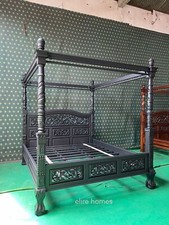 Gothic Dead Black 5' King Size Mahogany Floral four poster mahogany bed frame