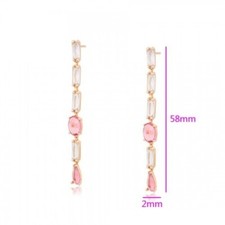 Gold Plated Pink & White Crystal Drop Earrings Long Dangle Brass Women’s Jewelry