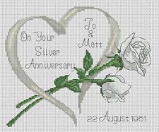 cross stitch chart silver Wedding Anniversary rose heart 25 years flowerpower37