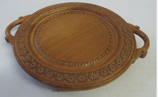 Vintage Asian Indian Round Wooden Carved Flower Patterned Serving Tray / Plate