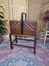 Rare Large Antique Cantilever Wooden Sewing Box Compact On Wheels With Handle