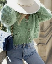 ZARA GREEN TEXTURED WEAVE KNIT CARDIGAN GEM CRYSTAL BUTTON SIZE M NO RETURN