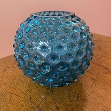 Stunning Turquoise Blue Borske Sklo Hobnail Glass Round Vase 12cm tall