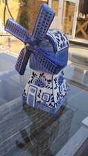 Porcelain Windmill Music Box Holland Souvenior Blue And White Hand Painted