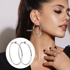 Large Non-Piercing Silver Circle Stainless Steel 60MM Clip On Hoop Earrings Gift