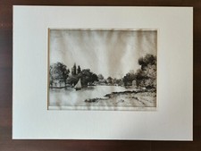 ORIGINAL VINTAGE  B/W ETCHING-HAMPTON ON THAMES-BY JOHN FULLWOOD F.S.A.- CA 1910