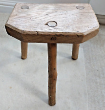 Vintage French milking stool, 3 legs, cut off corners, rustic country farmhouse