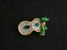 SWAROVSKI Goldtone Clear & Green Crystal Enamel Masquerade Mask Pin BROOCH