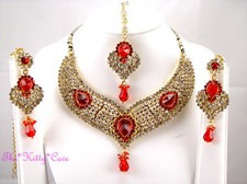 INDIAN DANCE HOLLYWOOD MUGHAL BIB GOLD SCARLET RED CRYSTAL BRIDAL JEWELLERY SET