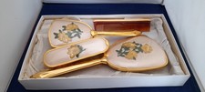 Vintage Dressing Table Vanity Set Floral Embroidery Boxed Brush Mirror Comb
